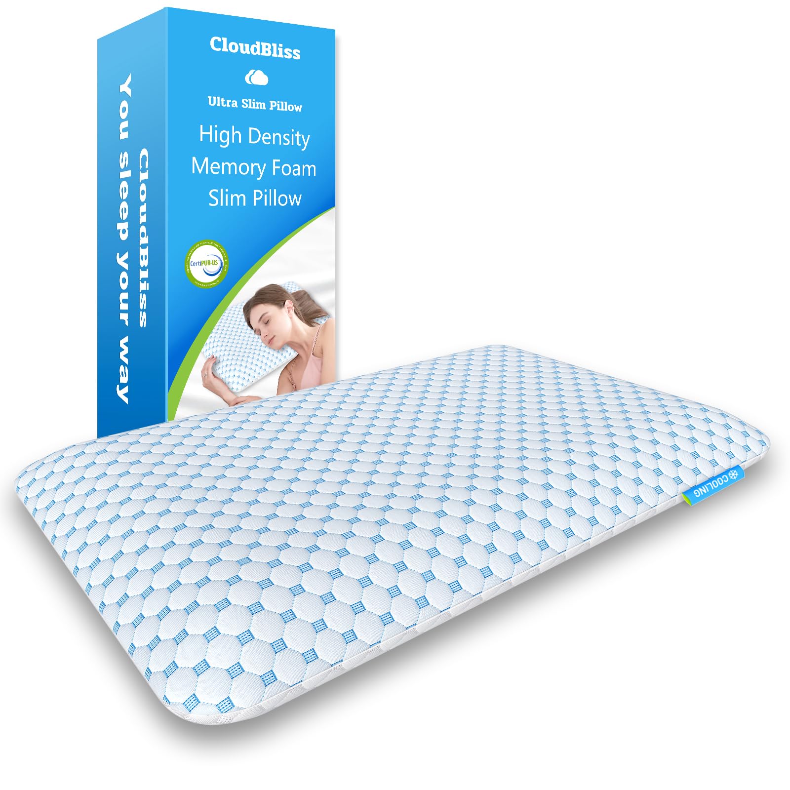CloudBliss Thin Pillow showing a 2.75-inch thickness for neck and spine alignment