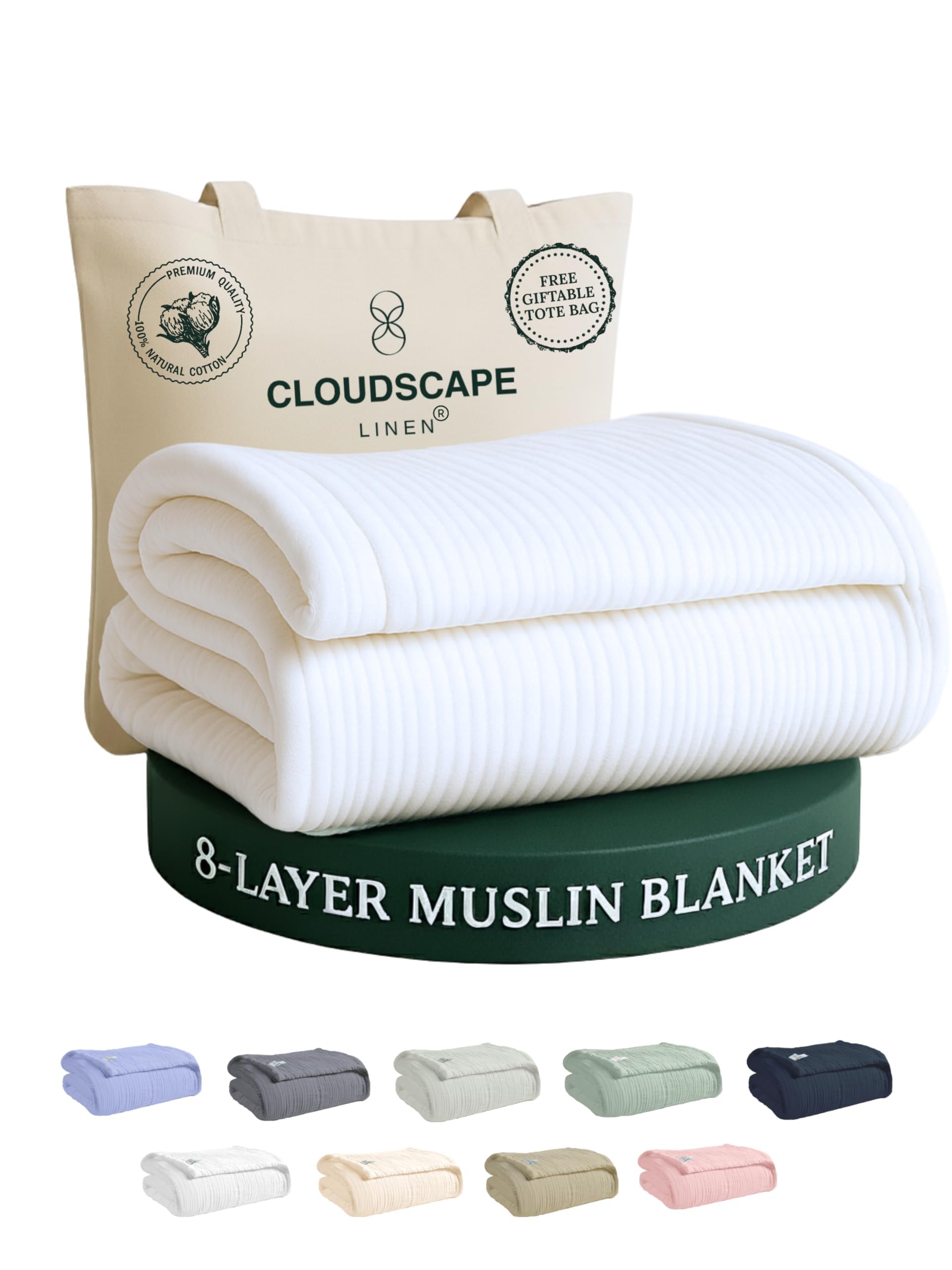 Cloudscape Linen 8-layer muslin blanket draped on bed for luxurious drape and comfort.