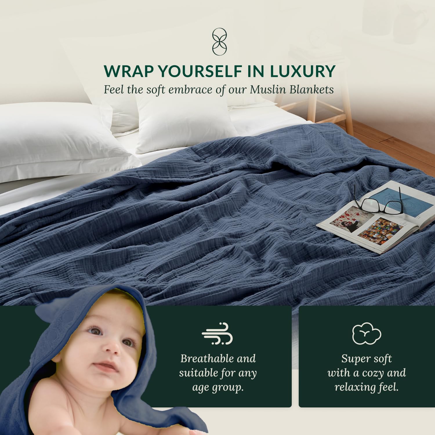 Cloudscape Linen oversized 92x108 blanket draped to illustrate king-size coverage and cozy evenings.