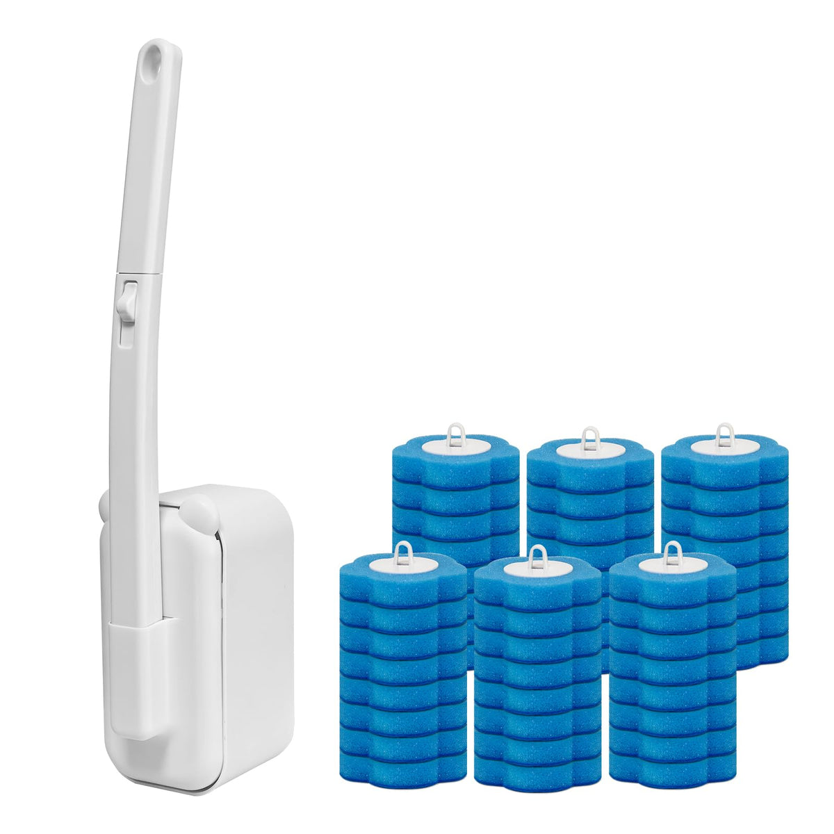 Clowand disposable toilet brush with 48 refills for hygienic toss-after-use cleaning.