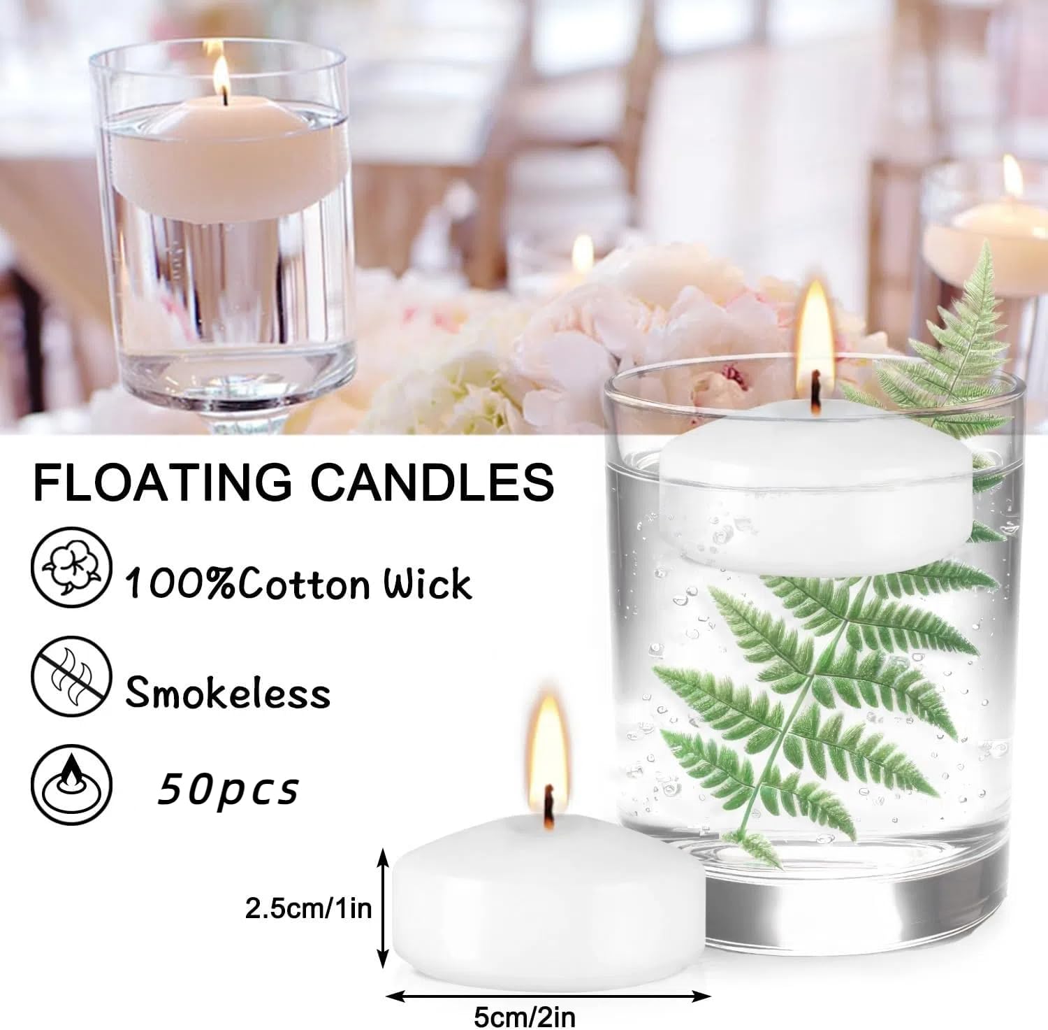 CLTNIKET 2-inch white floating candle ideal for wedding centerpiece glow.