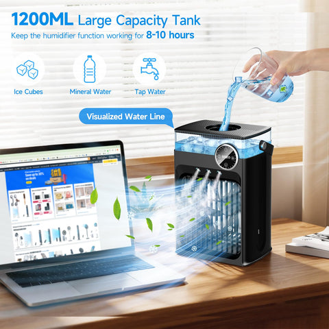 Visible 1200ml tank signaling long runtime and fewer refills.