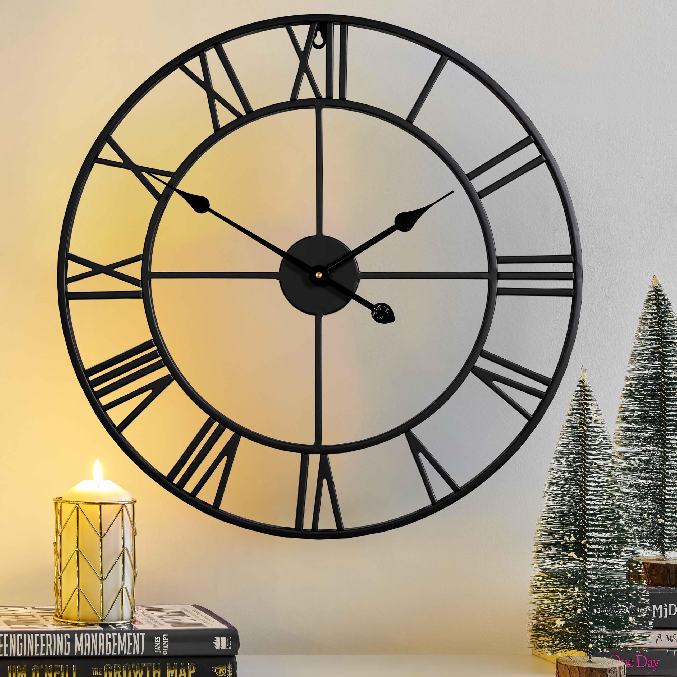 CLXEAST Silent 24-Inch wall clock face with bold Roman numerals for easy reading