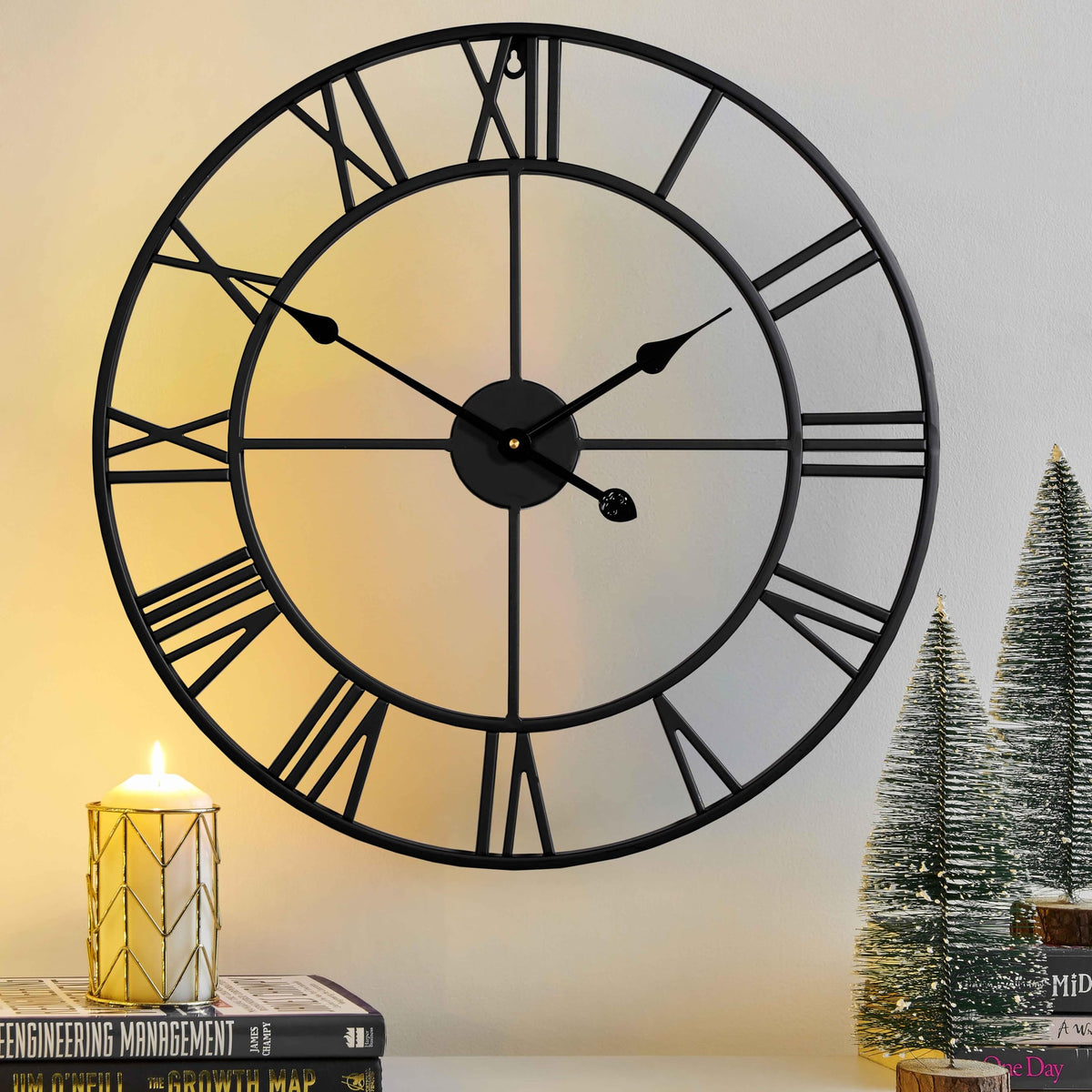 CLXEAST Silent 24-Inch wall clock face with bold Roman numerals for easy reading