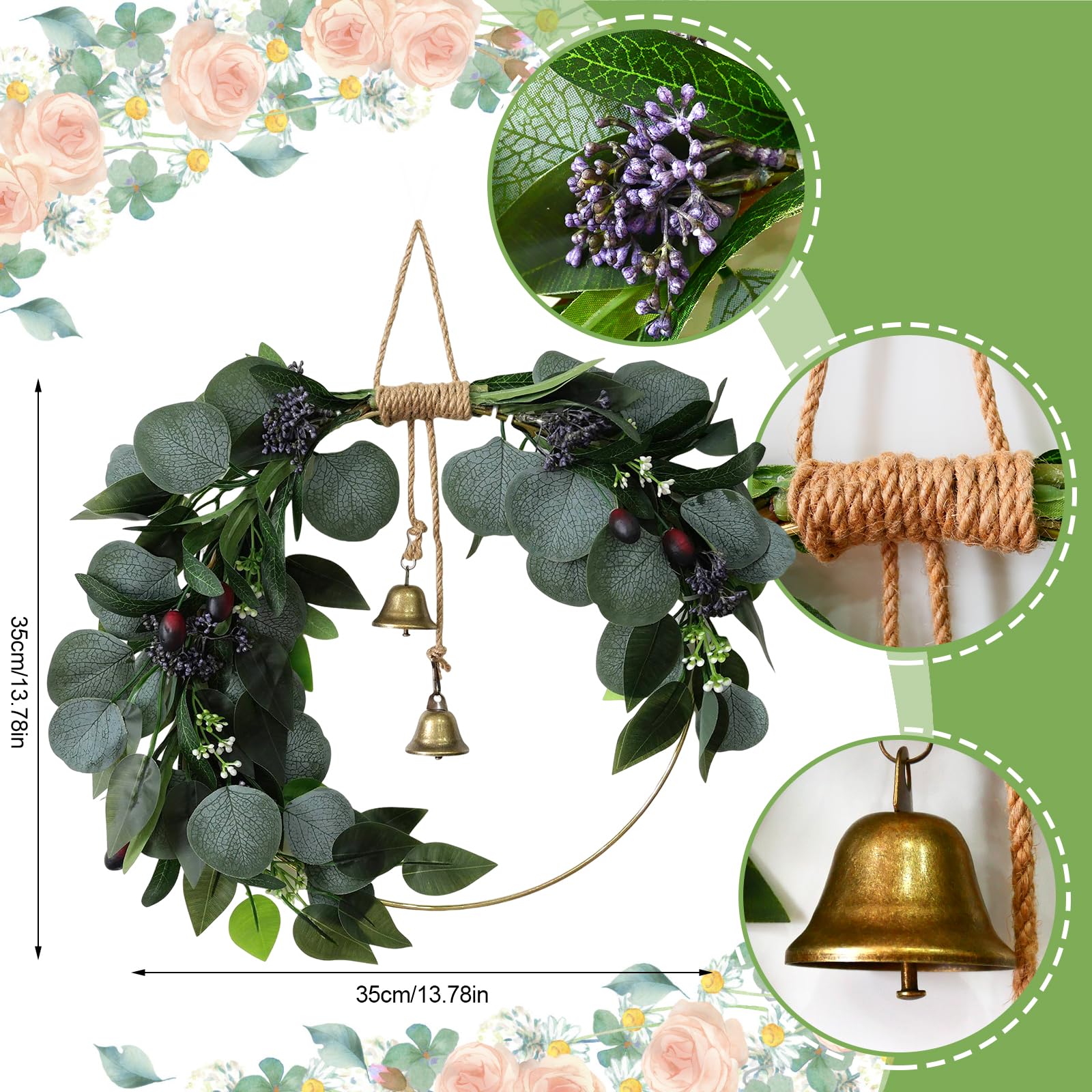 CMINAUS eucalyptus wreath closeup leaves texture highlights realistic greenery and craft detail.