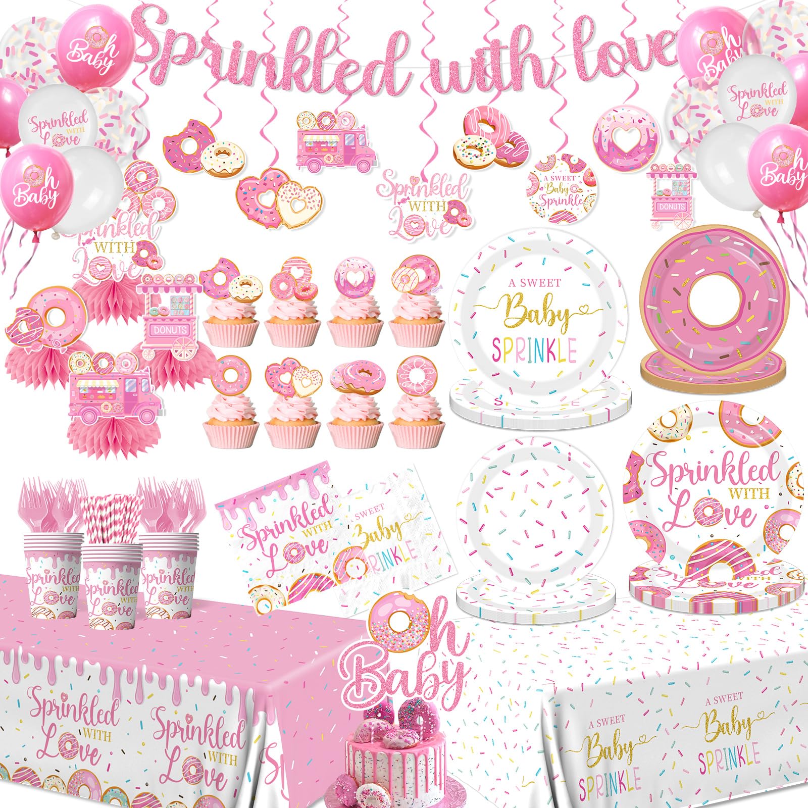 CMUSKO baby sprinkle donut plates 9inch bright pink party table
