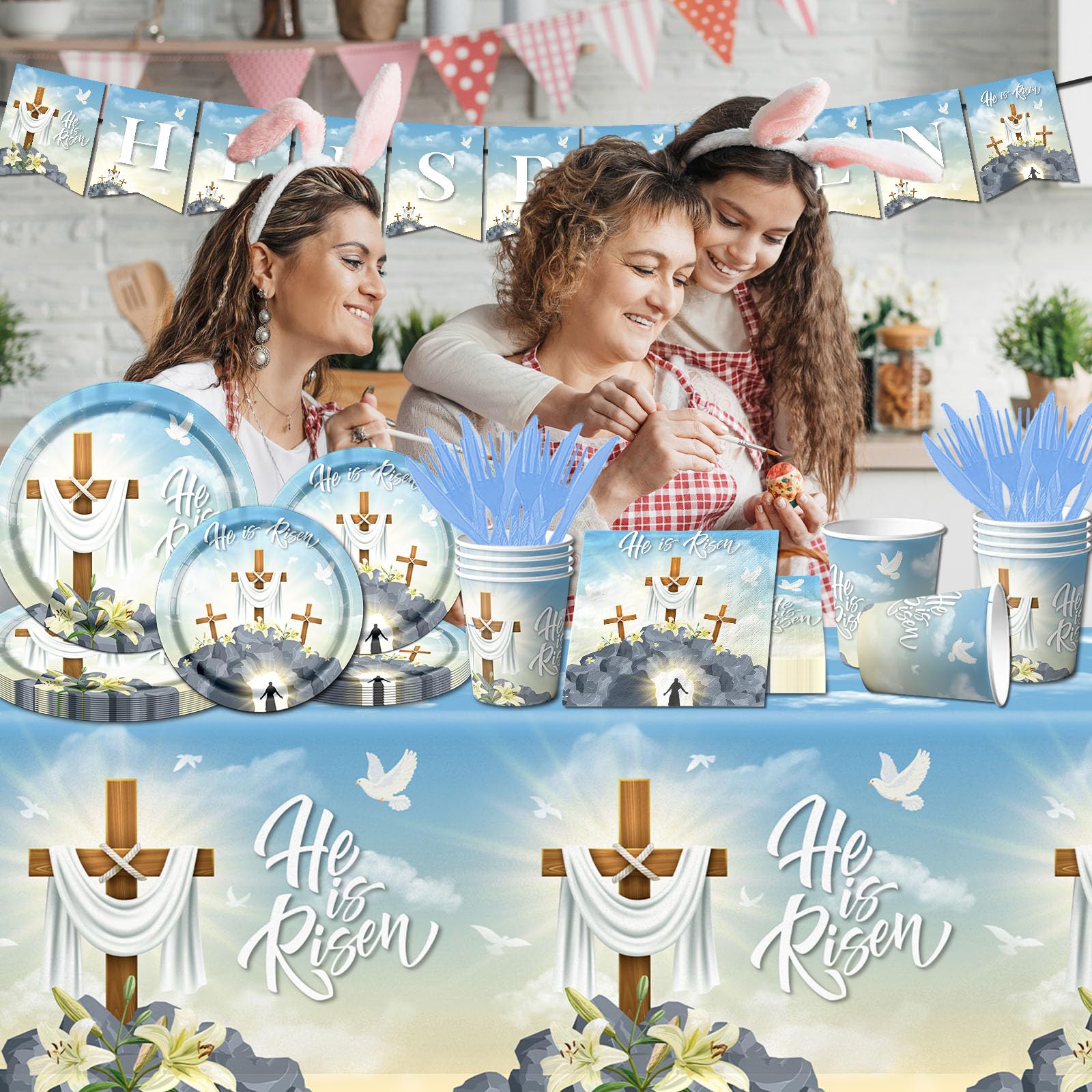 CMUSKO Easter tablecloth provides clean, reusable-looking surface.