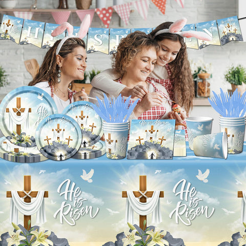 CMUSKO Easter tablecloth provides clean, reusable-looking surface.