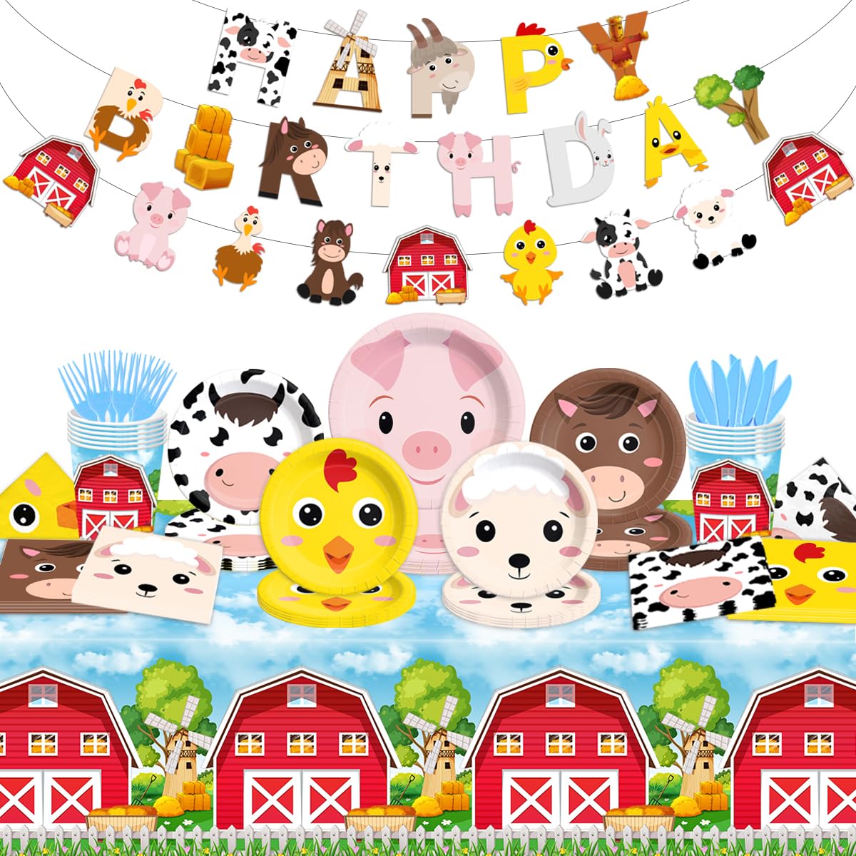 CMUSKO farm birthday plates display pig, cow, chick, horse, and sheep for easy cleanup