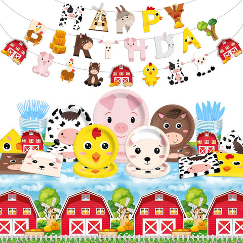CMUSKO farm birthday plates display pig, cow, chick, horse, and sheep for easy cleanup