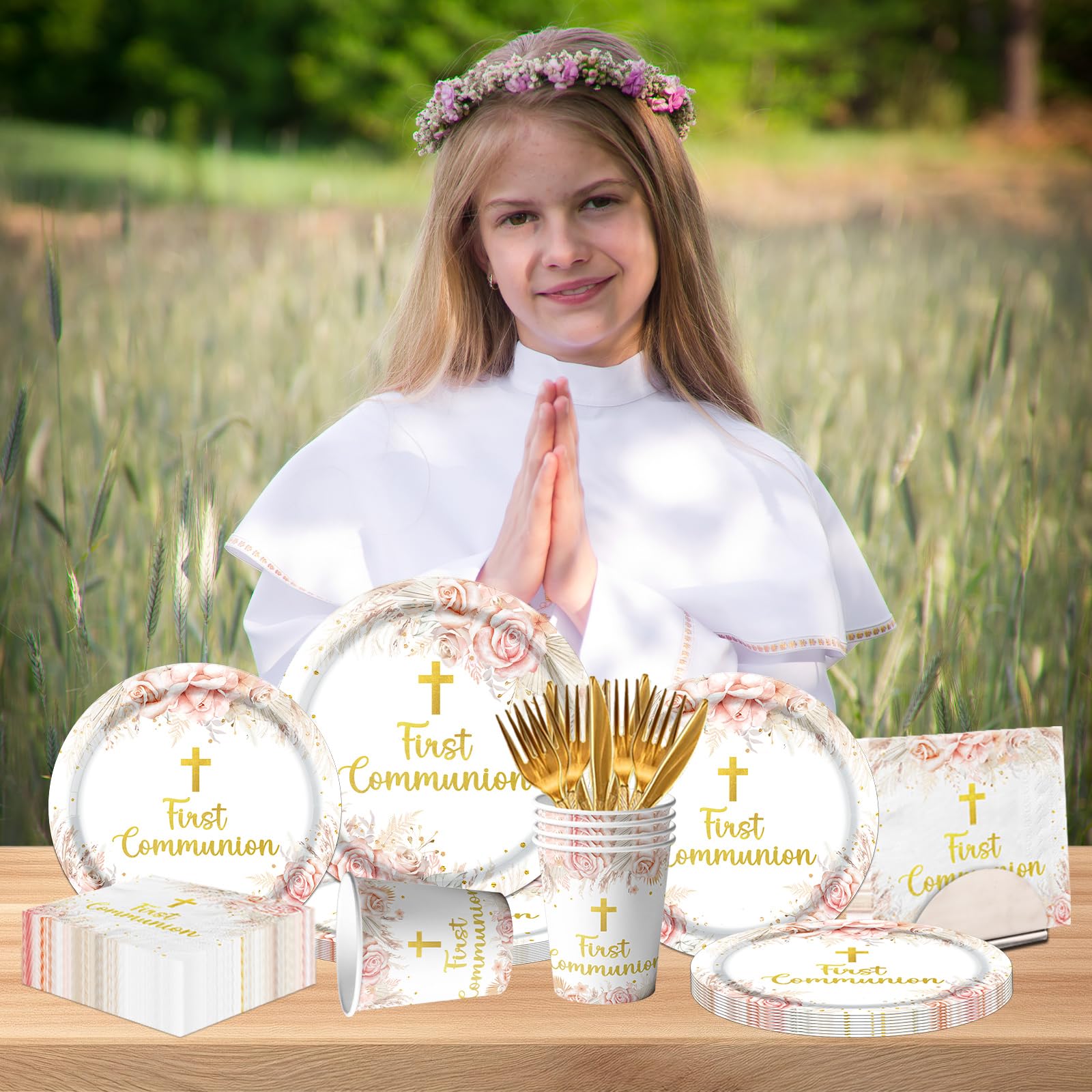 CMUSKO first-communion dessert plates with gold cross accents for festive serving.