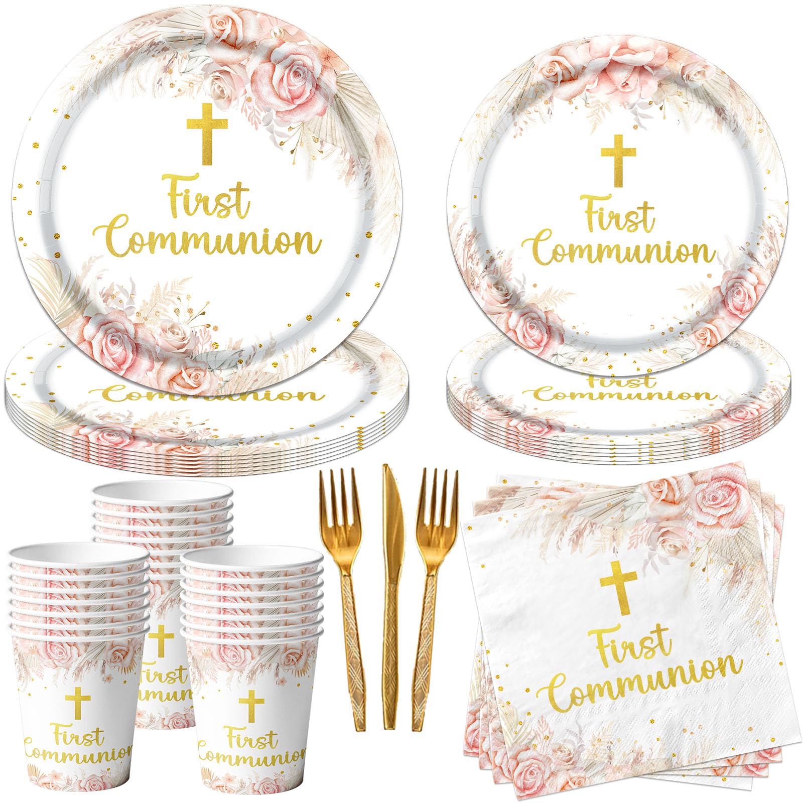 CMUSKO first-communion dinner plates with gold cross design for a coordinated celebration.