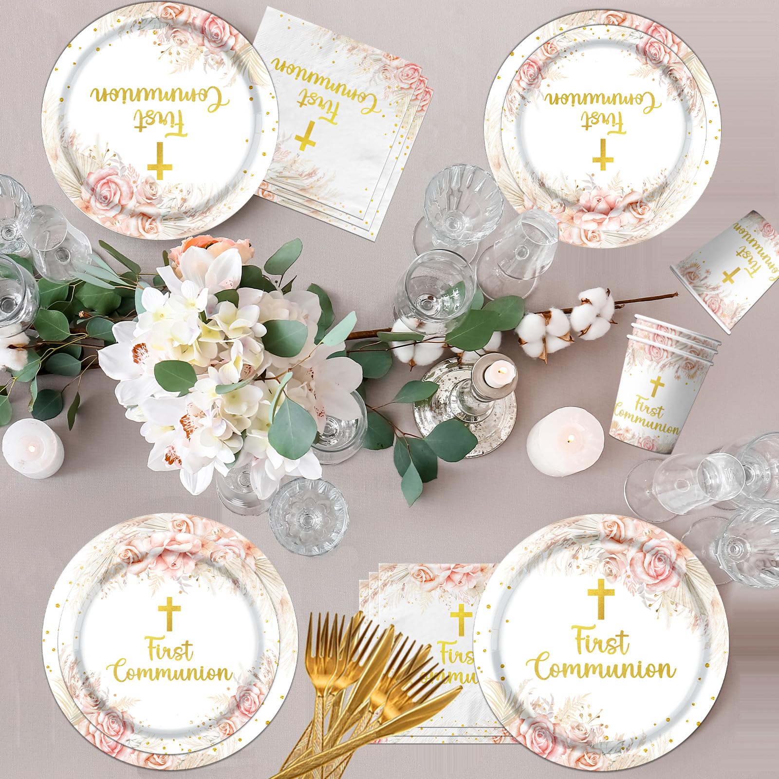 CMUSKO first-communion napkins featuring gold cross motif for elegant dining.