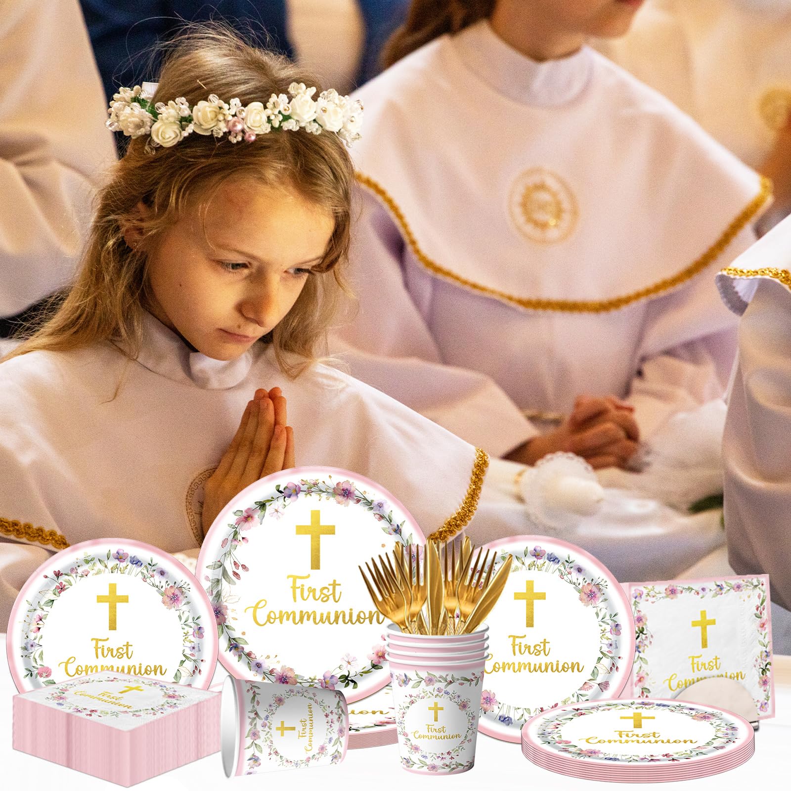 CMUSKO pink first communion dessert plates for easy, elegant dessert service.