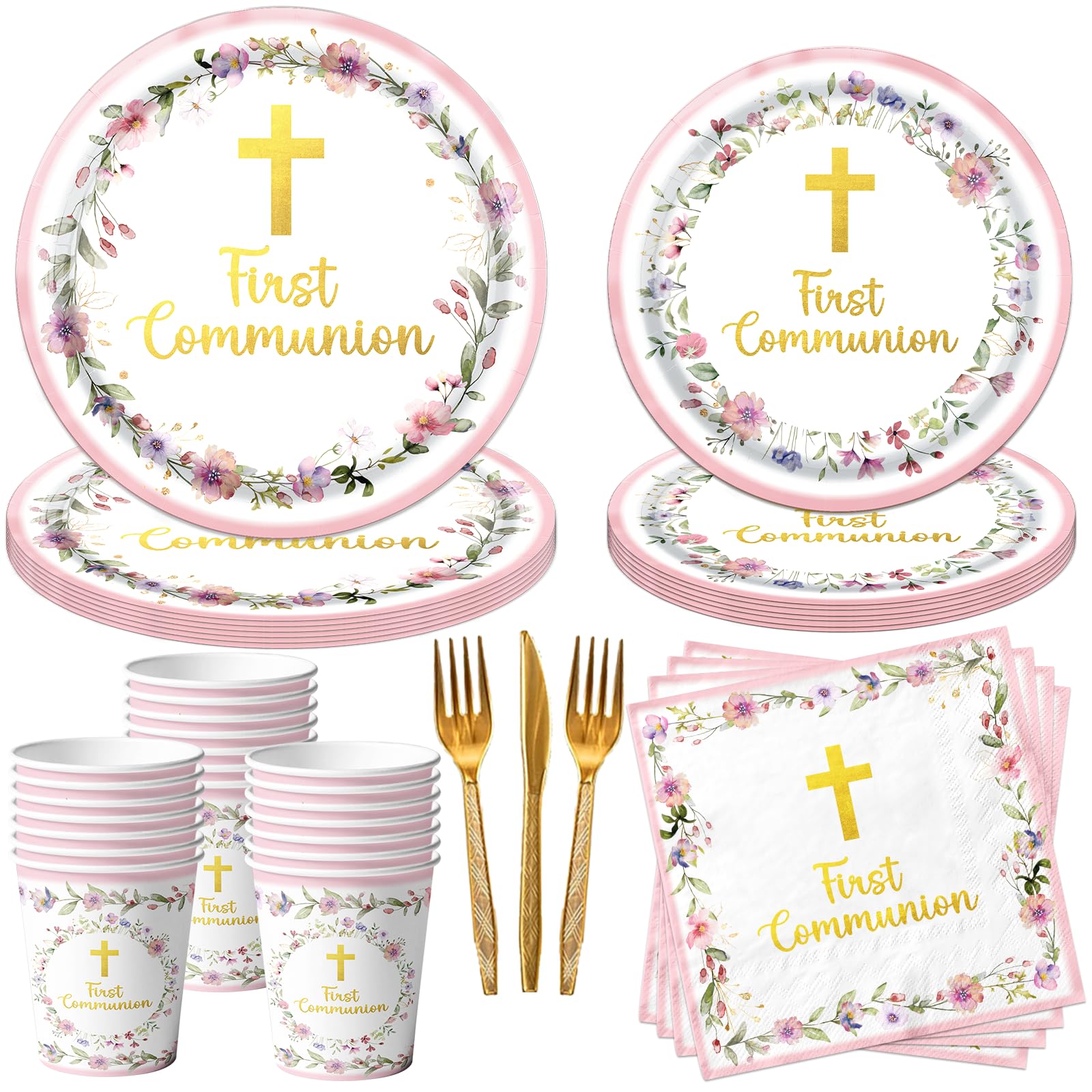 CMUSKO pink first communion dinner plates for a coordinated party tablescape.