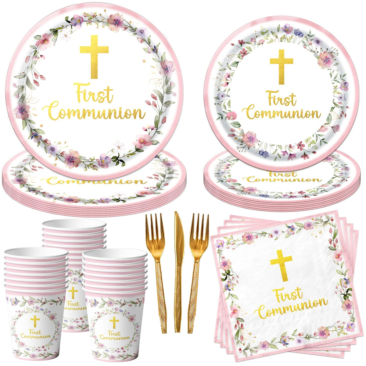 CMUSKO pink first communion dinner plates for a coordinated party tablescape.