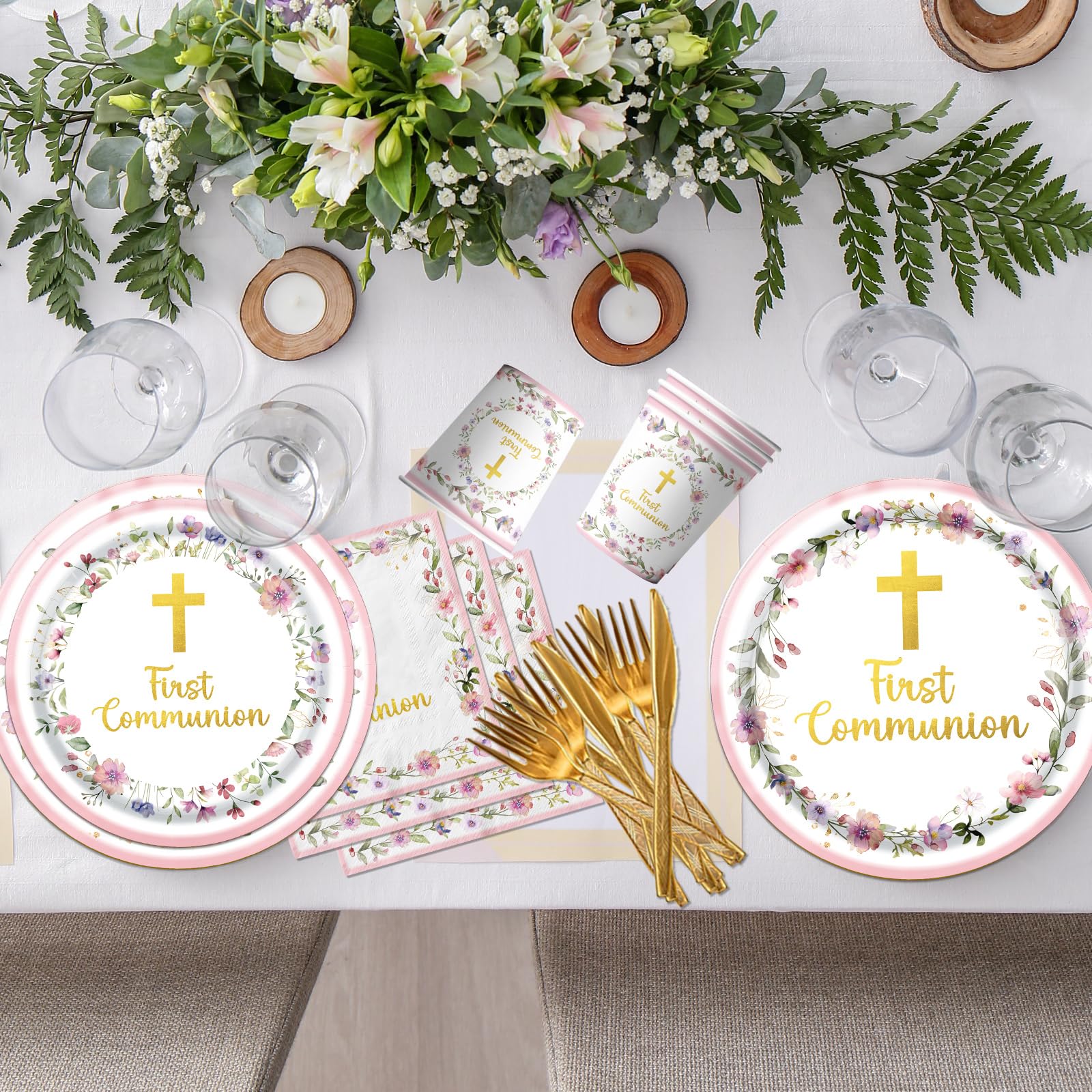 CMUSKO pink first communion knives and forks for convenient disposable tableware.