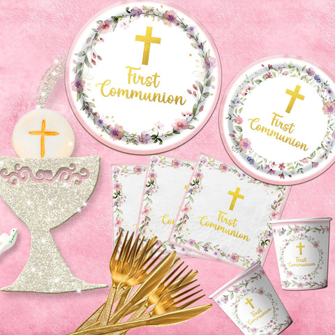 CMUSKO pink first communion tableware set for a complete party setup.
