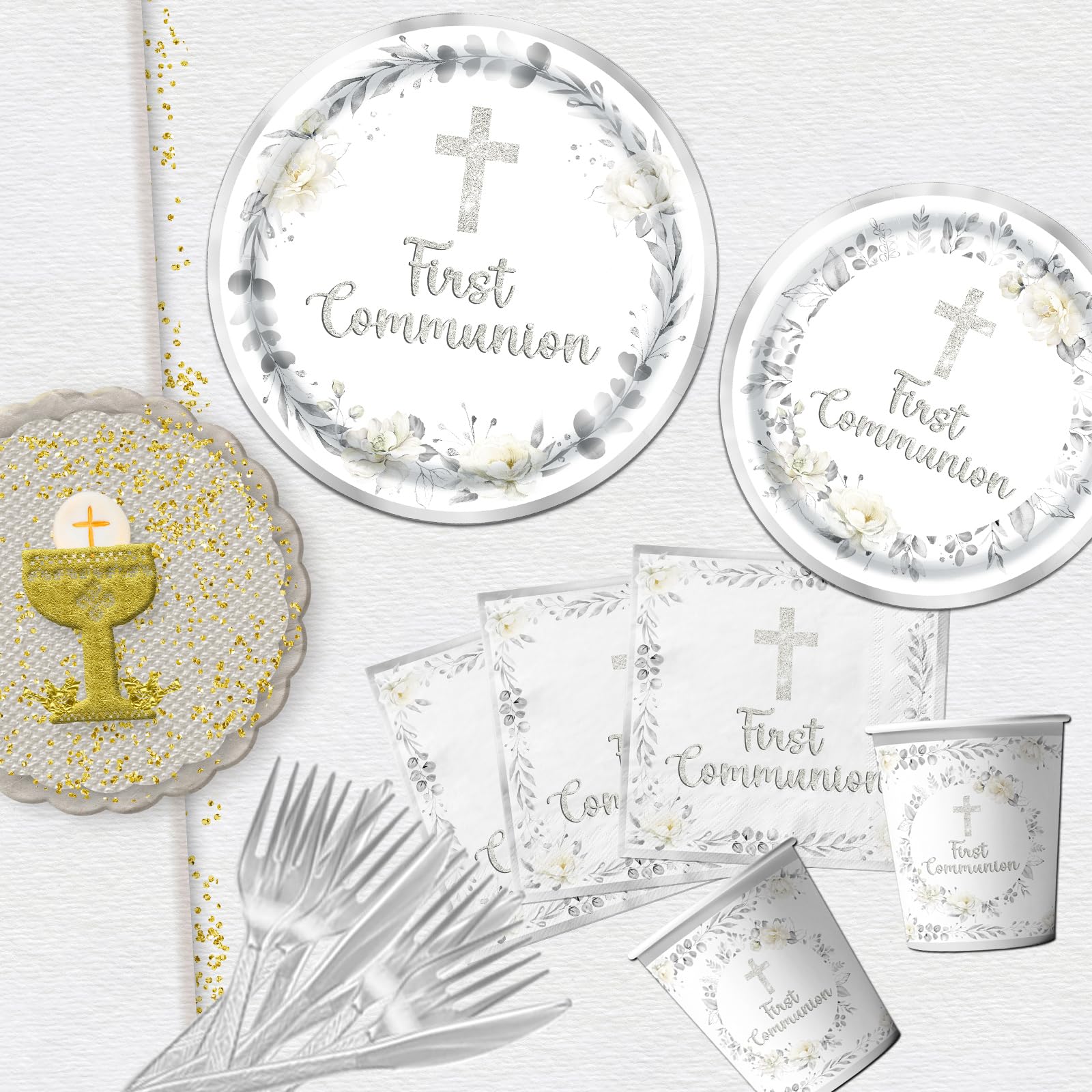 CMUSKO tableware design with crosses and flowers enhances christening ambiance