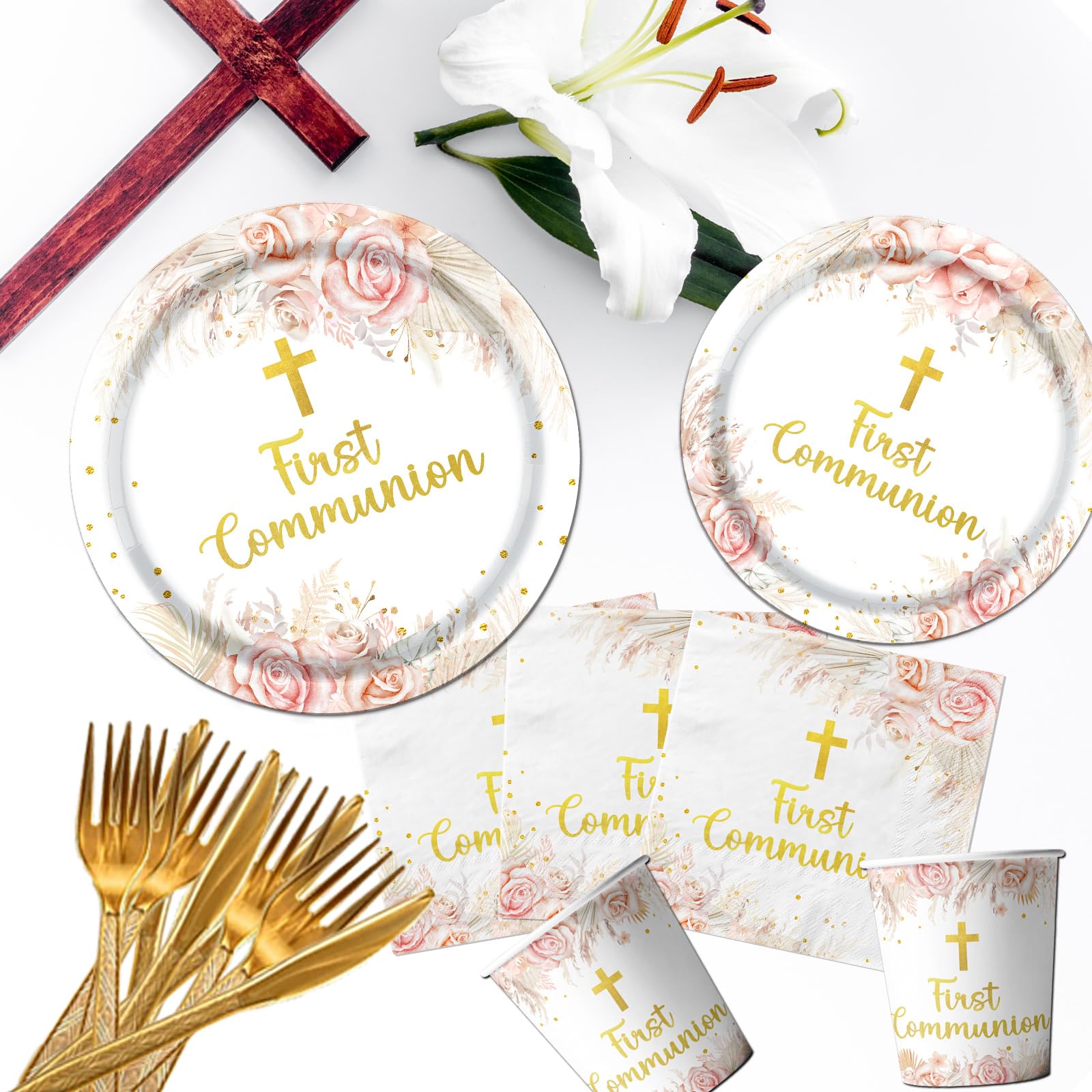 CMUSKO gold-cross tableware collection enhances christening celebrations.