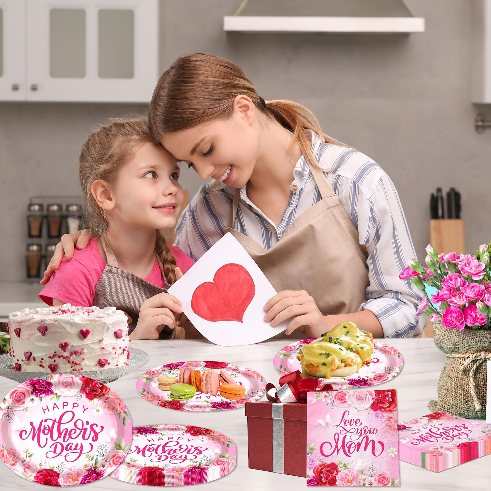 CMUSKO Mothers Day dessert plates closeup showing bright print.