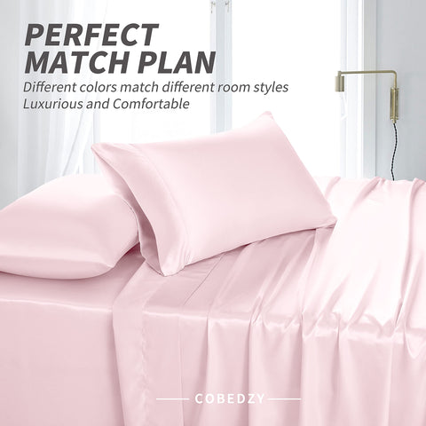Cobedzy bedroom setup with satin bedding creating inviting sleep space