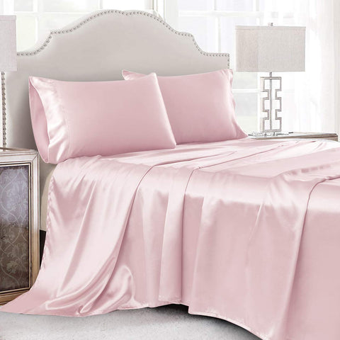 Cobedzy satin sheets full set on bed showing silky shine and smooth feel