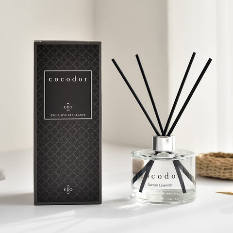 Cocodor Signature Reed Diffuser on Shelf Setup shows stylish home fragrance display.