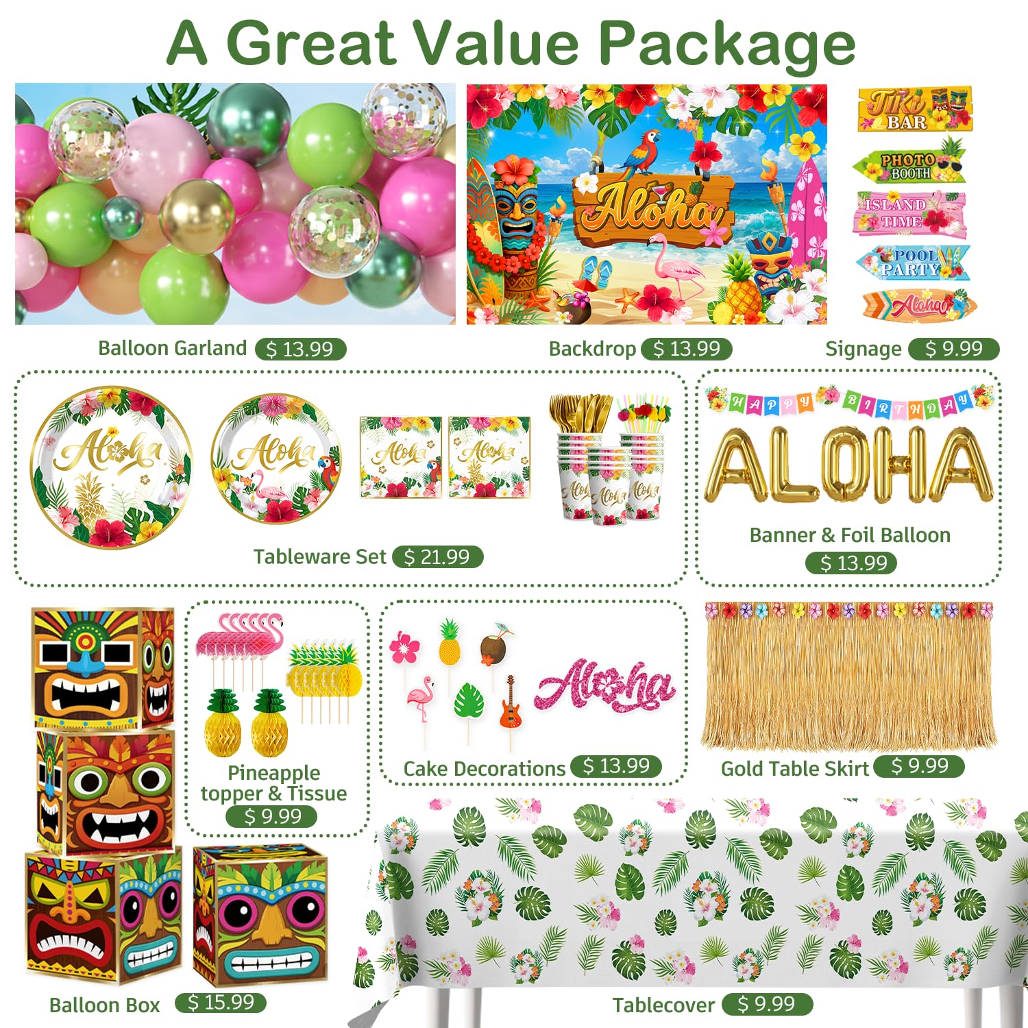Cocomigo 16-inch ALOHA foil balloons add a shiny tropical centerpiece.