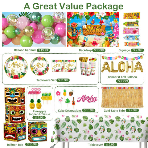 Cocomigo 16-inch ALOHA foil balloons add a shiny tropical centerpiece.