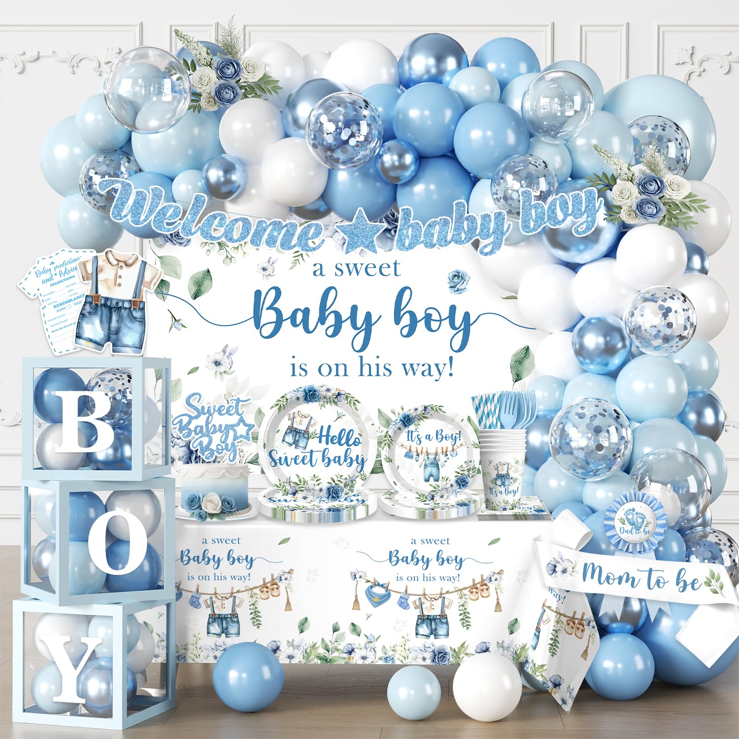 Cocomigo baby boy banner arch showcases cohesive décor for a memorable shower.