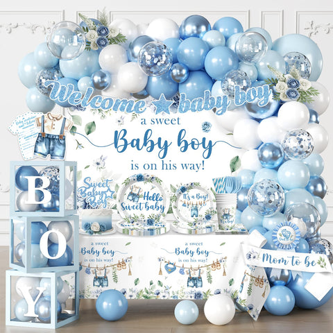 Cocomigo baby boy banner arch showcases cohesive décor for a memorable shower.