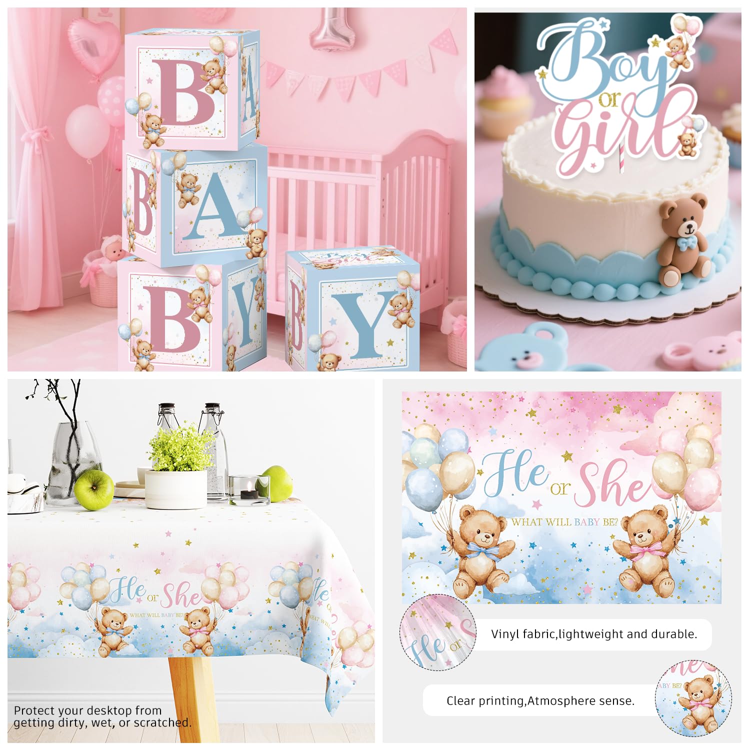 Cocomigo bear gender reveal dinnerware serves 20 guests with convenient cleanup.