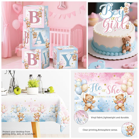 Cocomigo bear gender reveal dinnerware serves 20 guests with convenient cleanup.