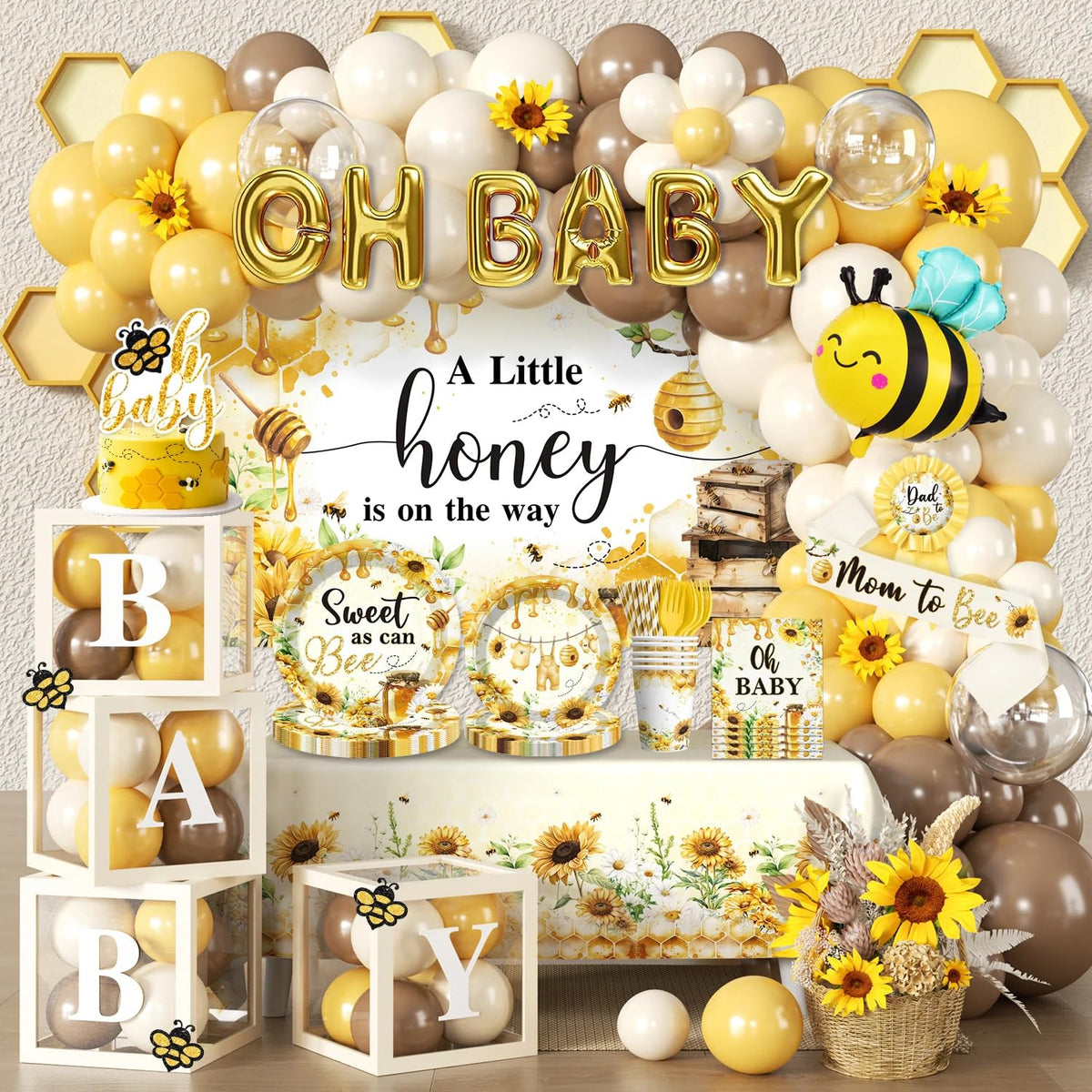 Cocomigo bee baby shower backdrop for a charming photo moment.