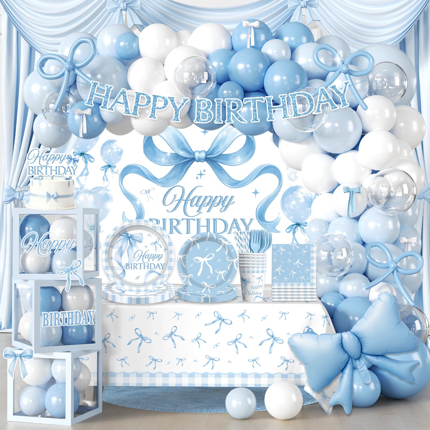 Cocomigo blue bow birthday backdrop for photo ready party styling and reuse