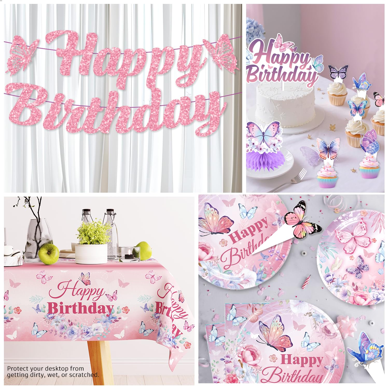 Cocomigo butterfly tablecloth protects surfaces while tying the theme.