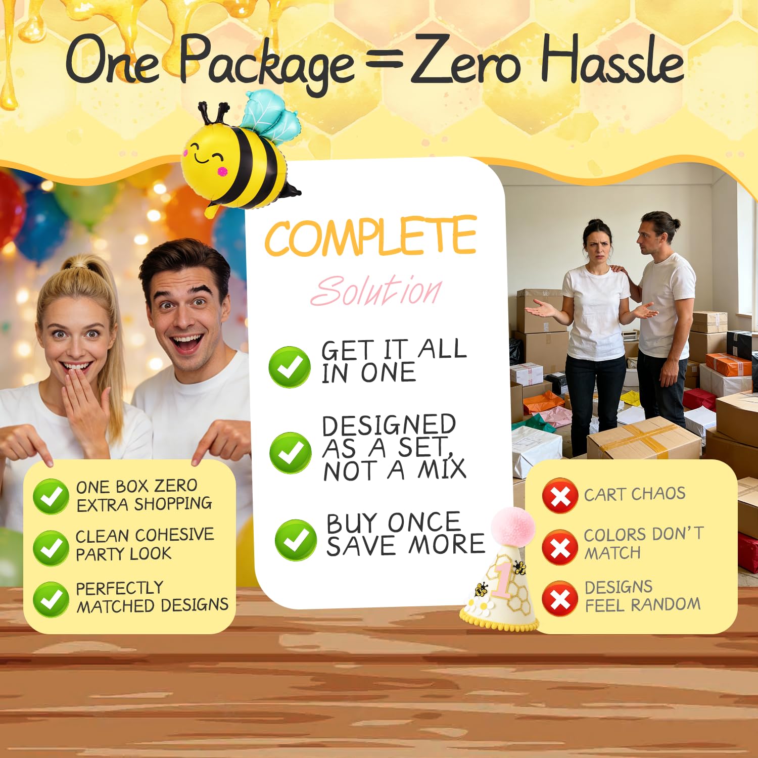Cocomigo cake topper and cupcake toppers reinforce the bee party theme.