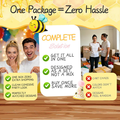 Cocomigo cake topper and cupcake toppers reinforce the bee party theme.
