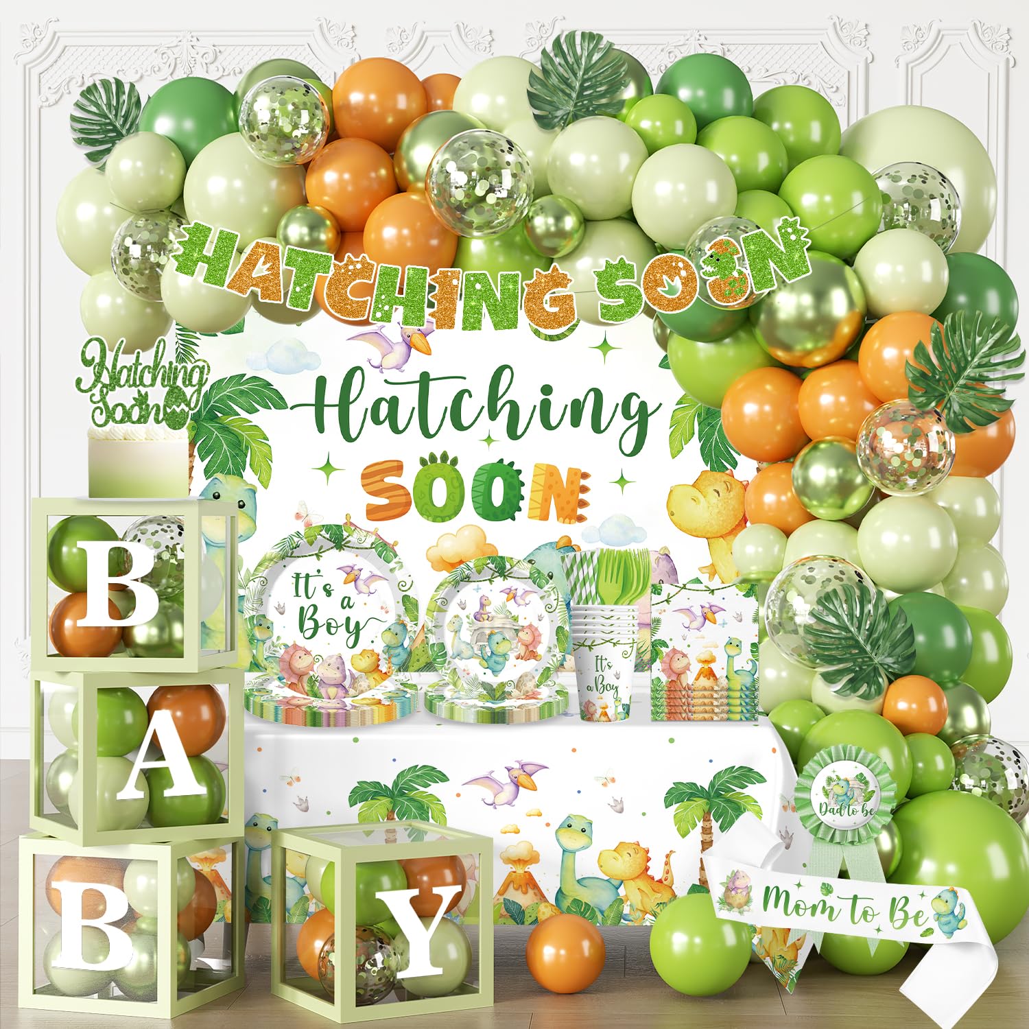 cocomigo dinosaur baby shower backdrop with hatching soon design for photo moments