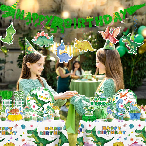 Cocomigo dinosaur tablecloth protects surfaces and unifies the party theme.