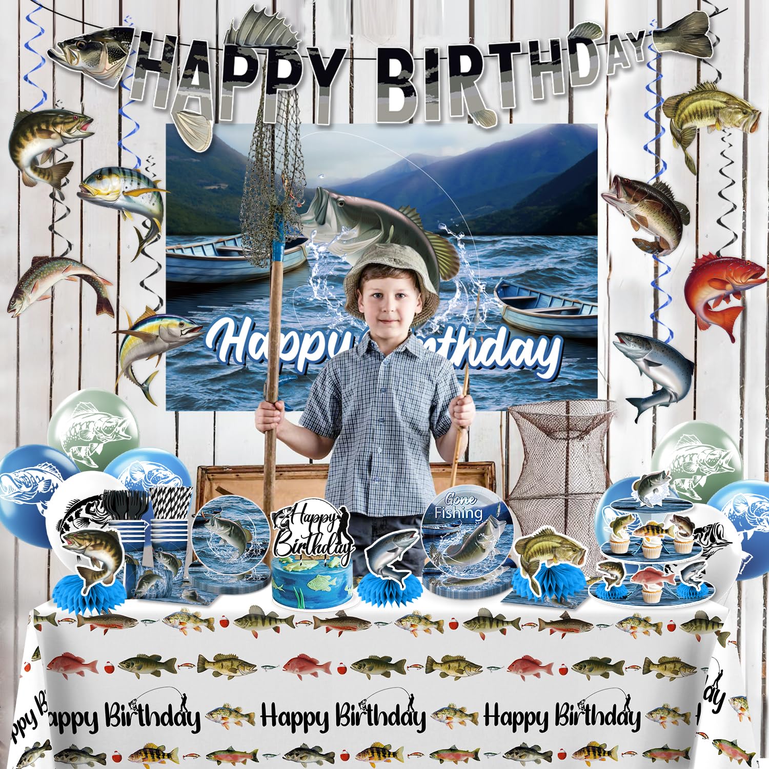 Cocomigo fishing birthday cups coordinate with plates for a cohesive beverage station.