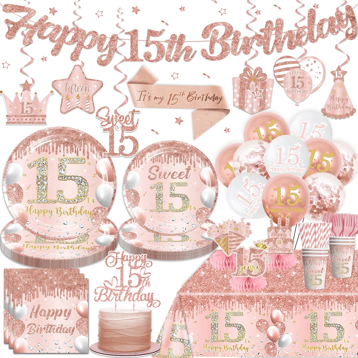 cocomigo glitter Happy 15th banner enhances party visuals and photo moments