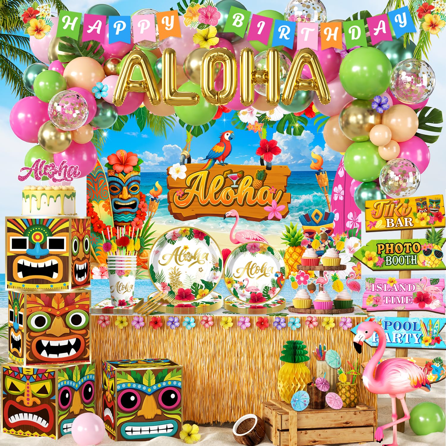 Cocomigo Hawaiian banner backdrop creates a polished luau photo focal point.