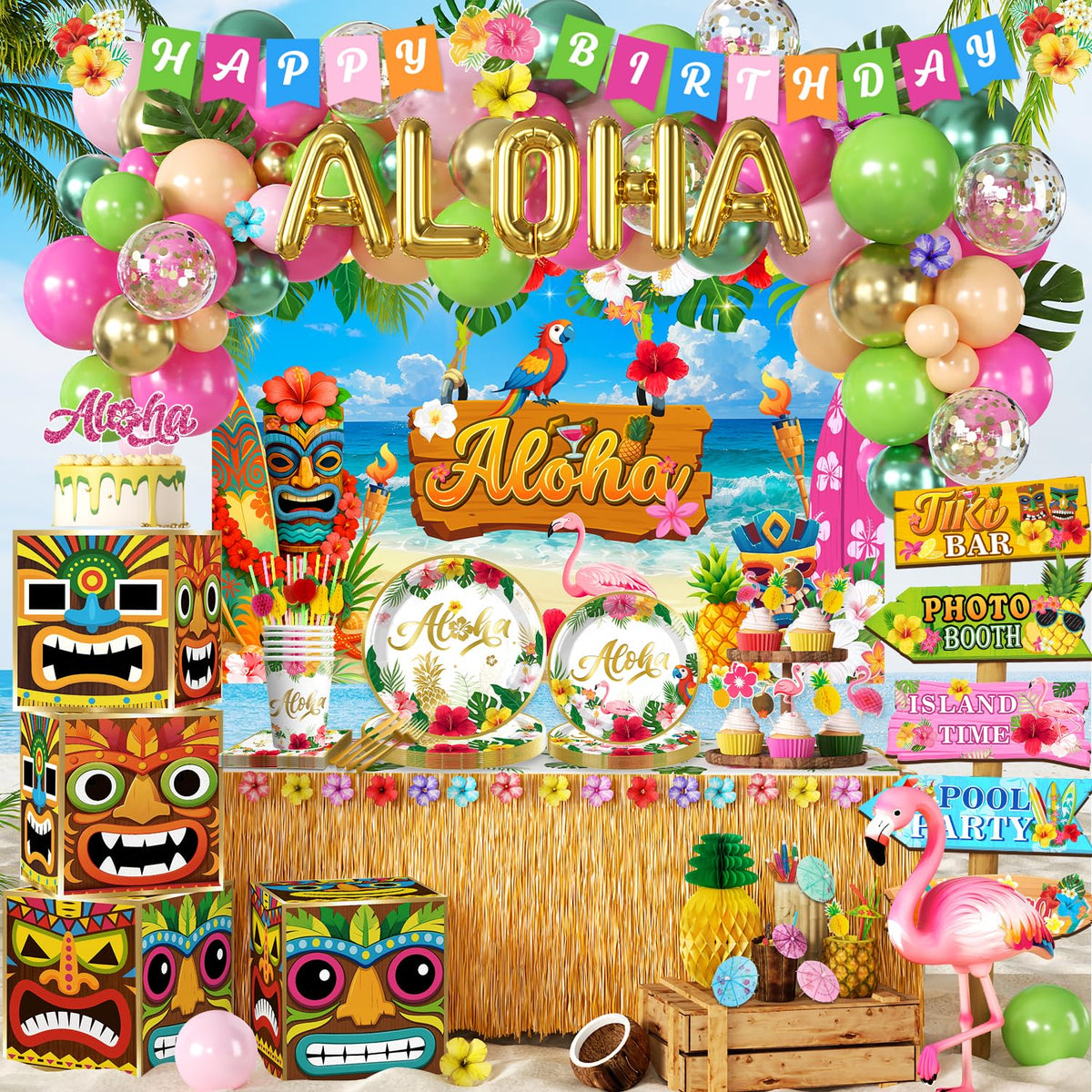Cocomigo Hawaiian banner backdrop creates a polished luau photo focal point.