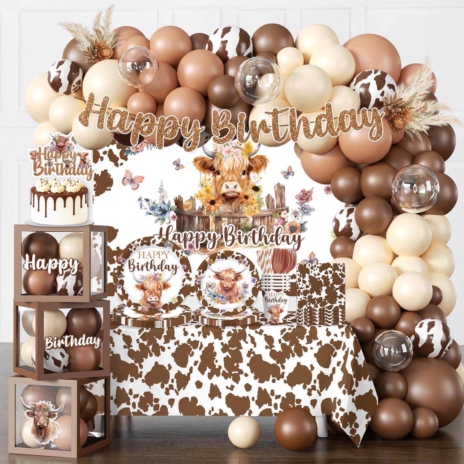 Cocomigo Highland Cow birthday banner adds a festive focal point for photos.