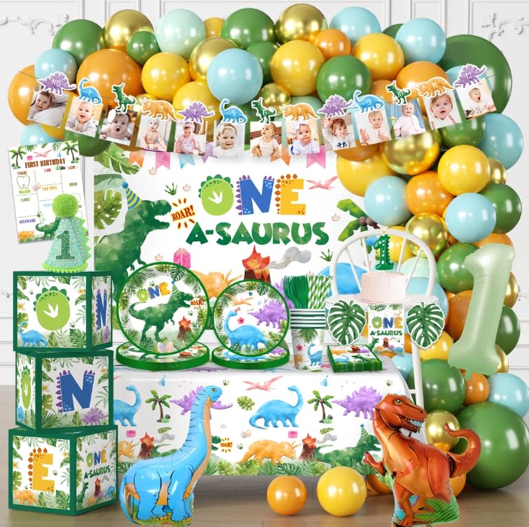 Cocomigo One a Saurus backdrop for a colorful first birthday scene