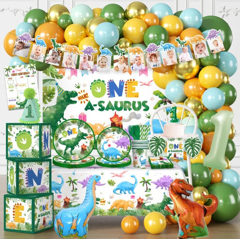 Cocomigo One a Saurus backdrop for a colorful first birthday scene