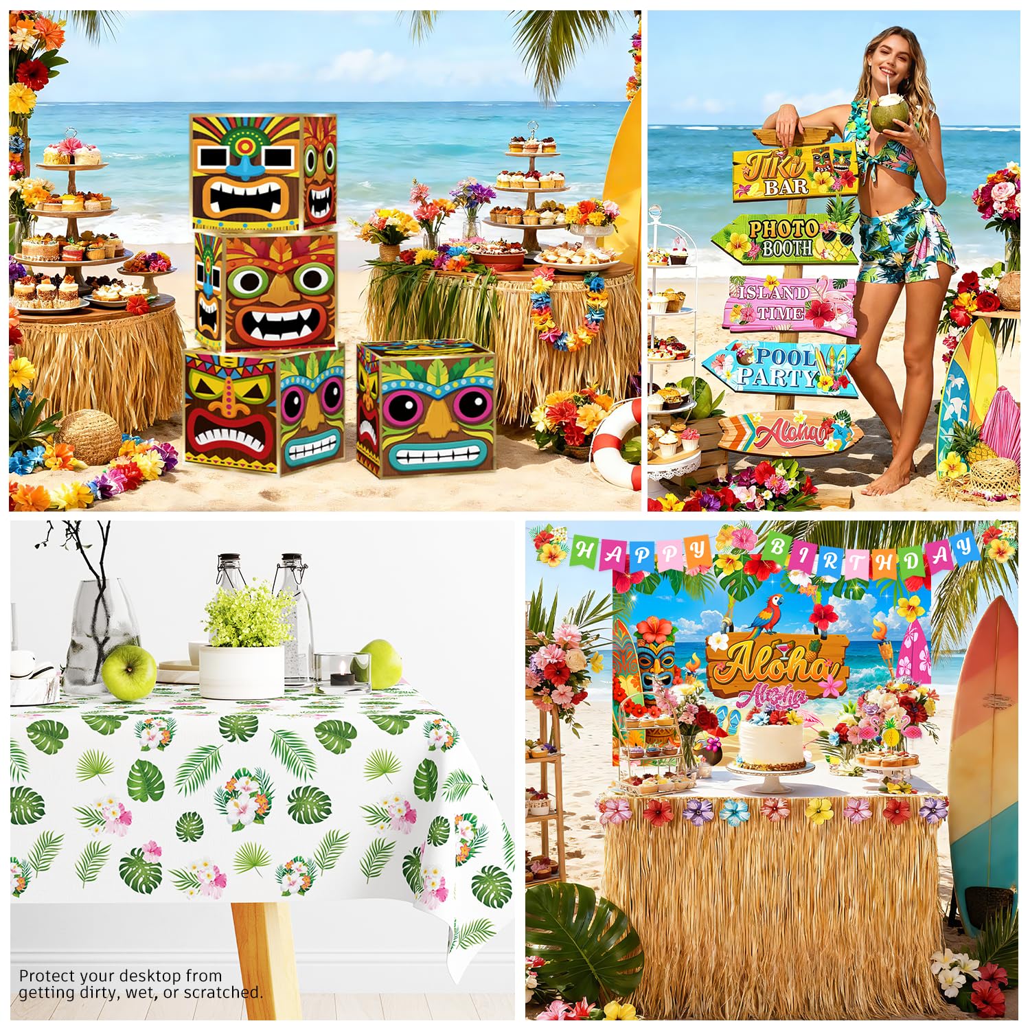 Palm leaves accents bring lush greenery to luau setups.