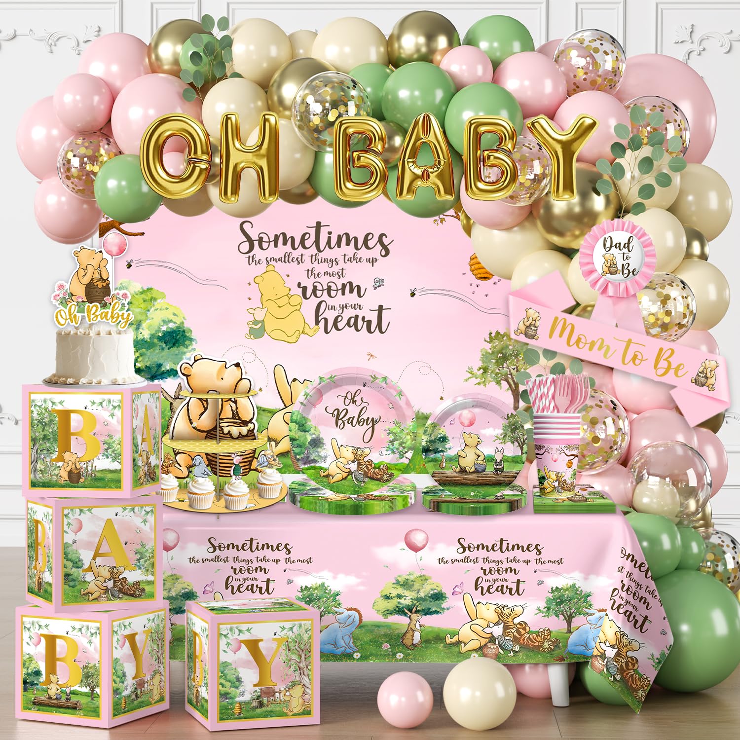 Cocomigo pink bear balloon arch creates a charming centerpiece for a baby shower